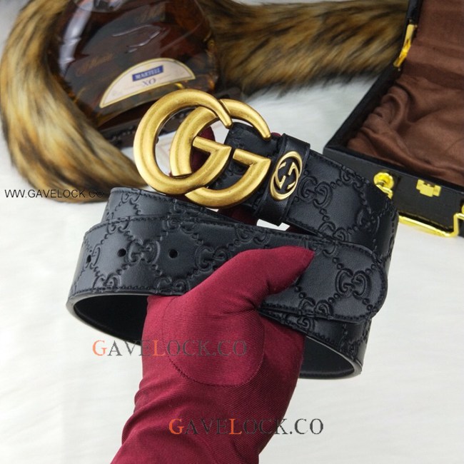 Gucci Black Leather Belt with Double G Gold Buckle
